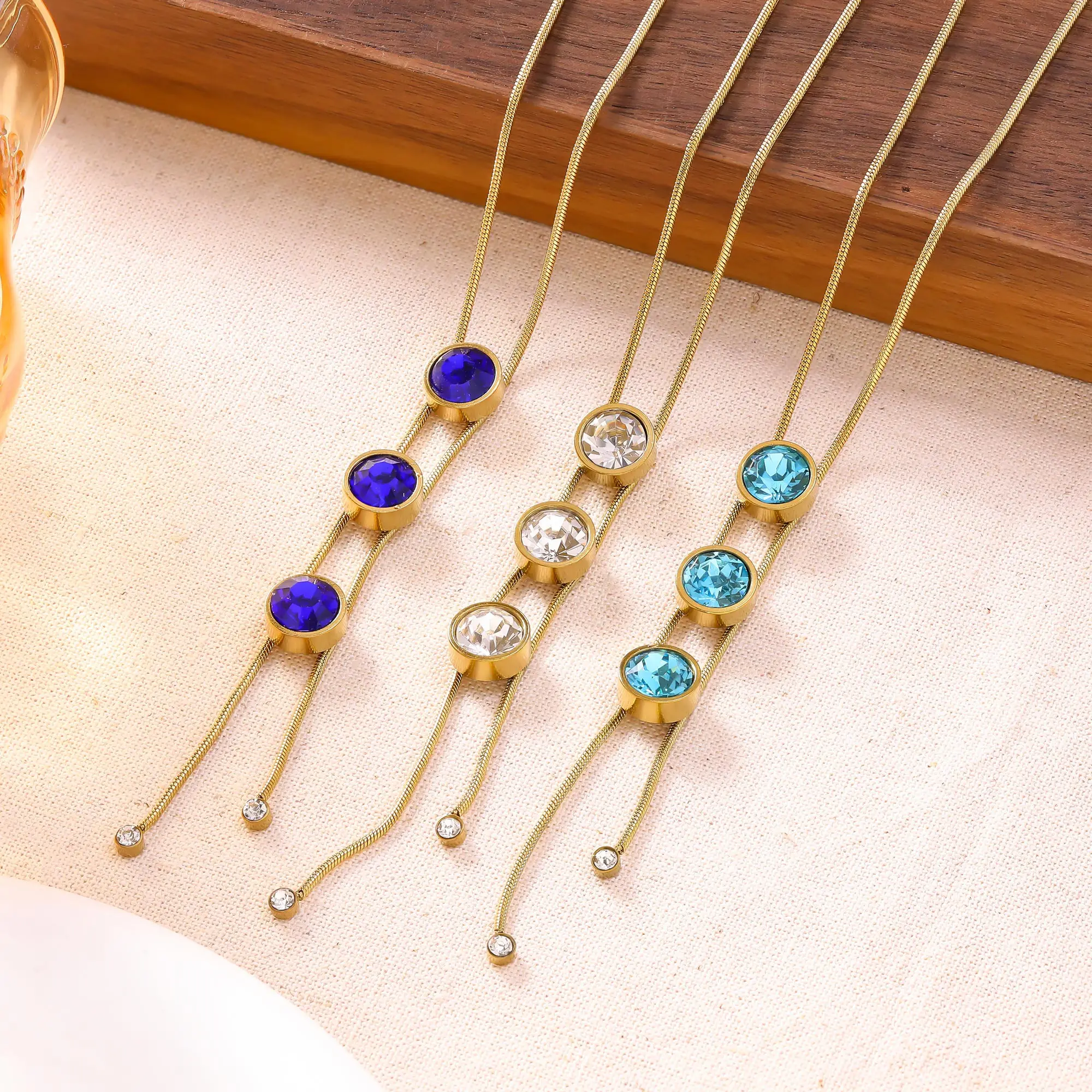 Stainless Steel Gold Plated Crystal Lariat Necklace Round Blue Gemstone Y-Shaped Chain Hypoallergenic Dainty Jewelry Accessories