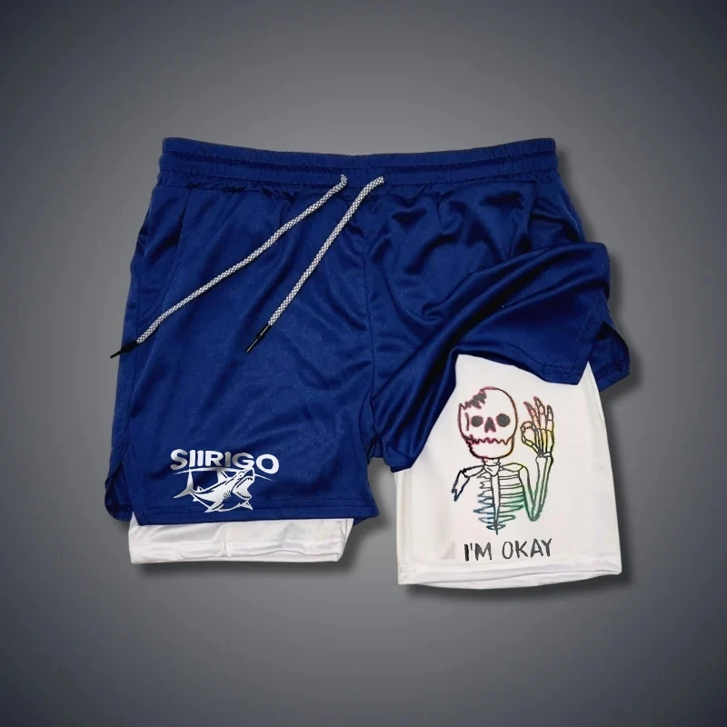 2024 European and American Style Skull Printed Double Layered Shorts, Sports Casual Quick Drying Sports Shorts Beach Shorts