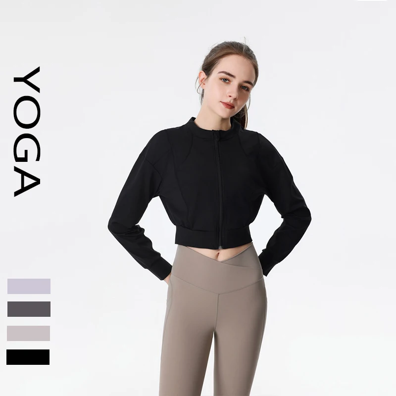 Yoga coat with brand logo women fall/winter jacket loose short top stand collar cardigan women baseball wear sports long sleeve