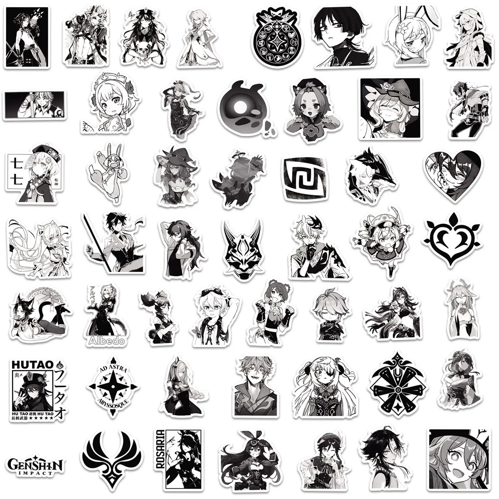 10/50pcs Anime Black and White Genshin Impact Game Stickers Vinyl Decals DIY Scrapbooking Luggage Laptop Car Decoration Sticker