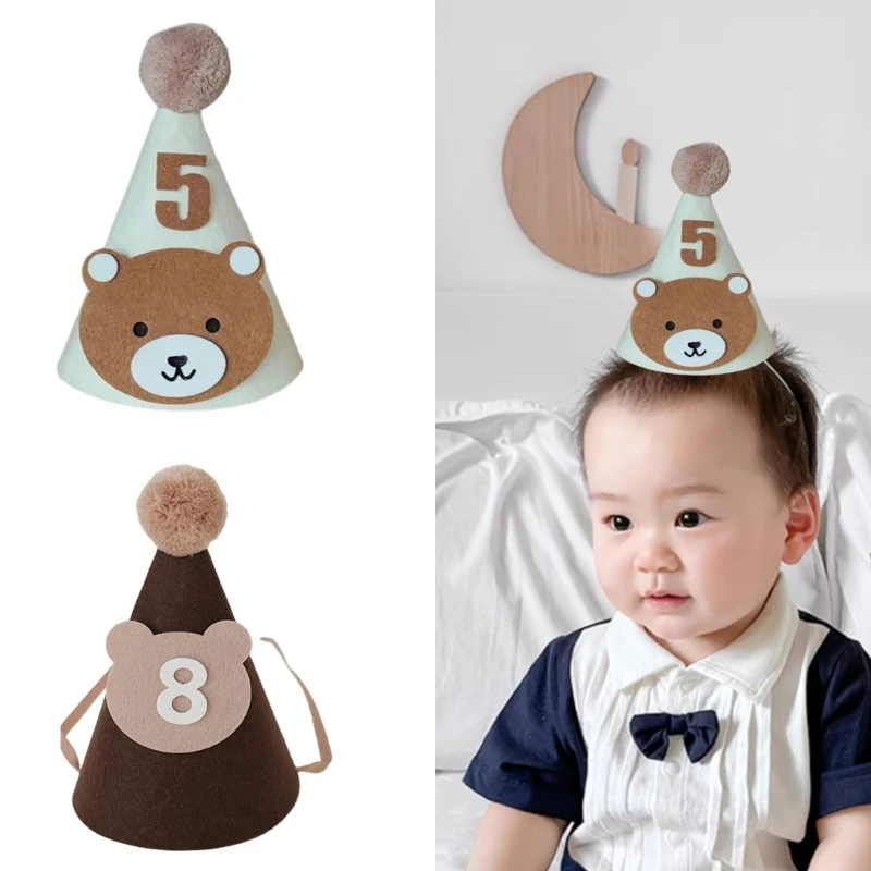

Soft Nonwoven Birthday Hat for Children, Cartoon Bear Festival Party Headwear with Age Number for Photoshoots Props
