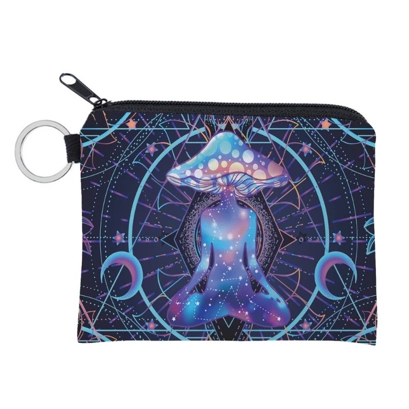 Colorful Mushroom Print Coin Purse Card Holder and Keychain Eye Catching for Women People and Students