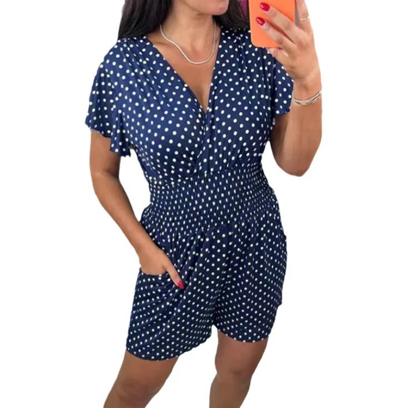 Shorts Jumpsuits Women One Piece Playsuits Short Sleeve V Neck Print Dot Overalls High Waist Pant Rompers Y2k Streetwear 2025