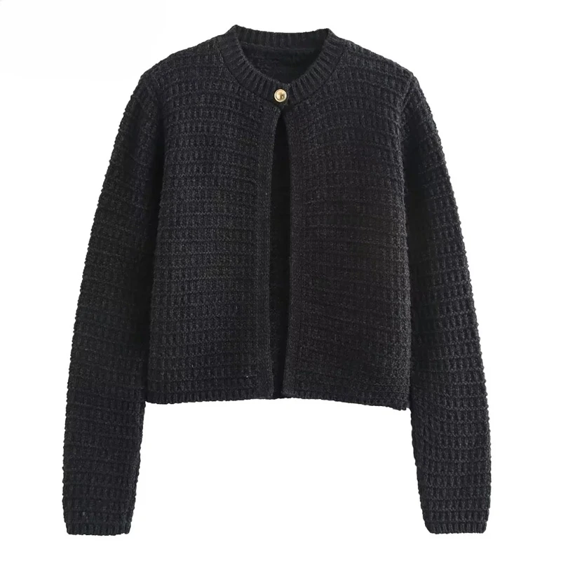 

Sweater Cardigan Cropped Knitted Cardigan Women Long Sleeve Autumn Black Cardigan Woman Button Ribble Knit Short Sweaters