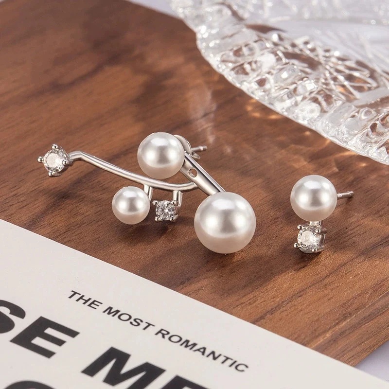 New Asymmetric Pearl Zircon Earrings with Post Back Unique High-End Jewelry For Women Light Luxurious 925 Silver Ear Stud KOFSAC