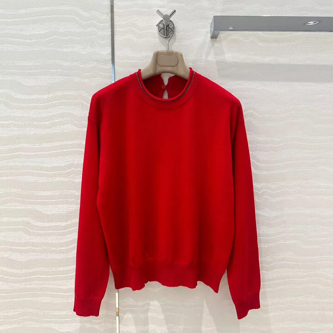 2025 New Autumn Fashion Red Wool Cashmere Blends Pullover Women Knitted Sweater Beading O-neck Long Sleeve Casual Knitwear