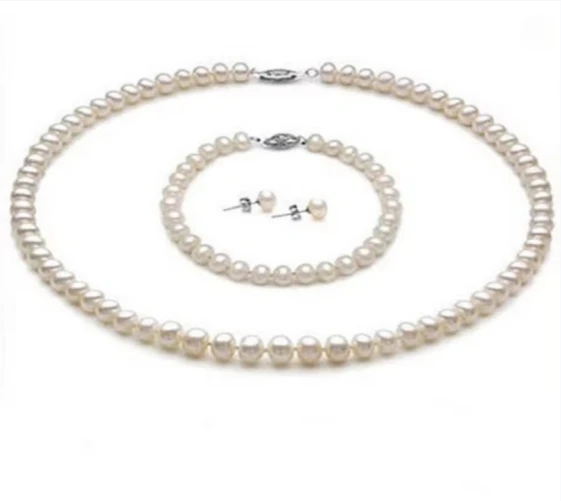 Classic AAAA+7-8mm Japanese Japan Akoya white pearl earring bracelet 7.5-8in necklace set 14k white gold buckle