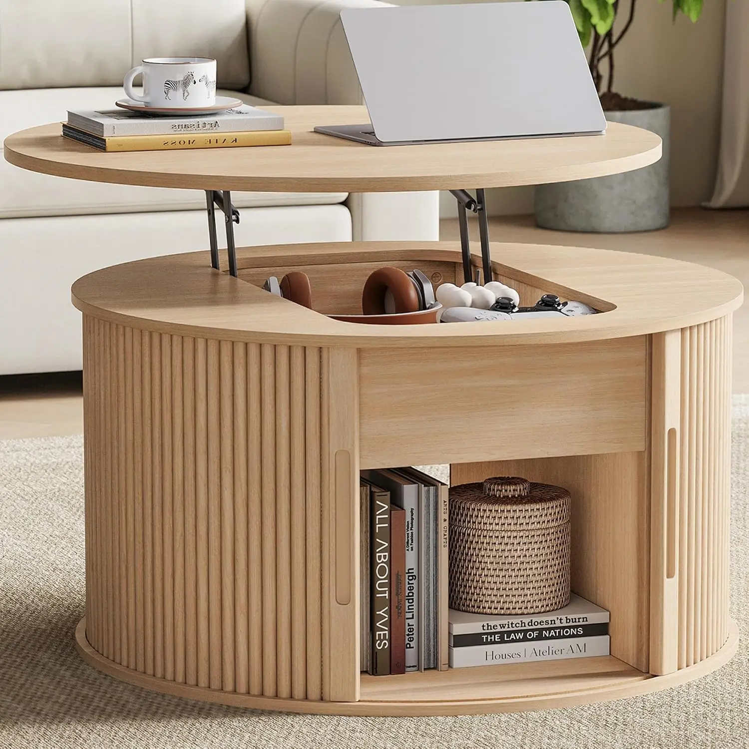 

Lift Top Coffee Table, Round Fluted Coffee Table with Storage, Boho Wooden Coffee Tables with Sliding Tambour Door, Customized