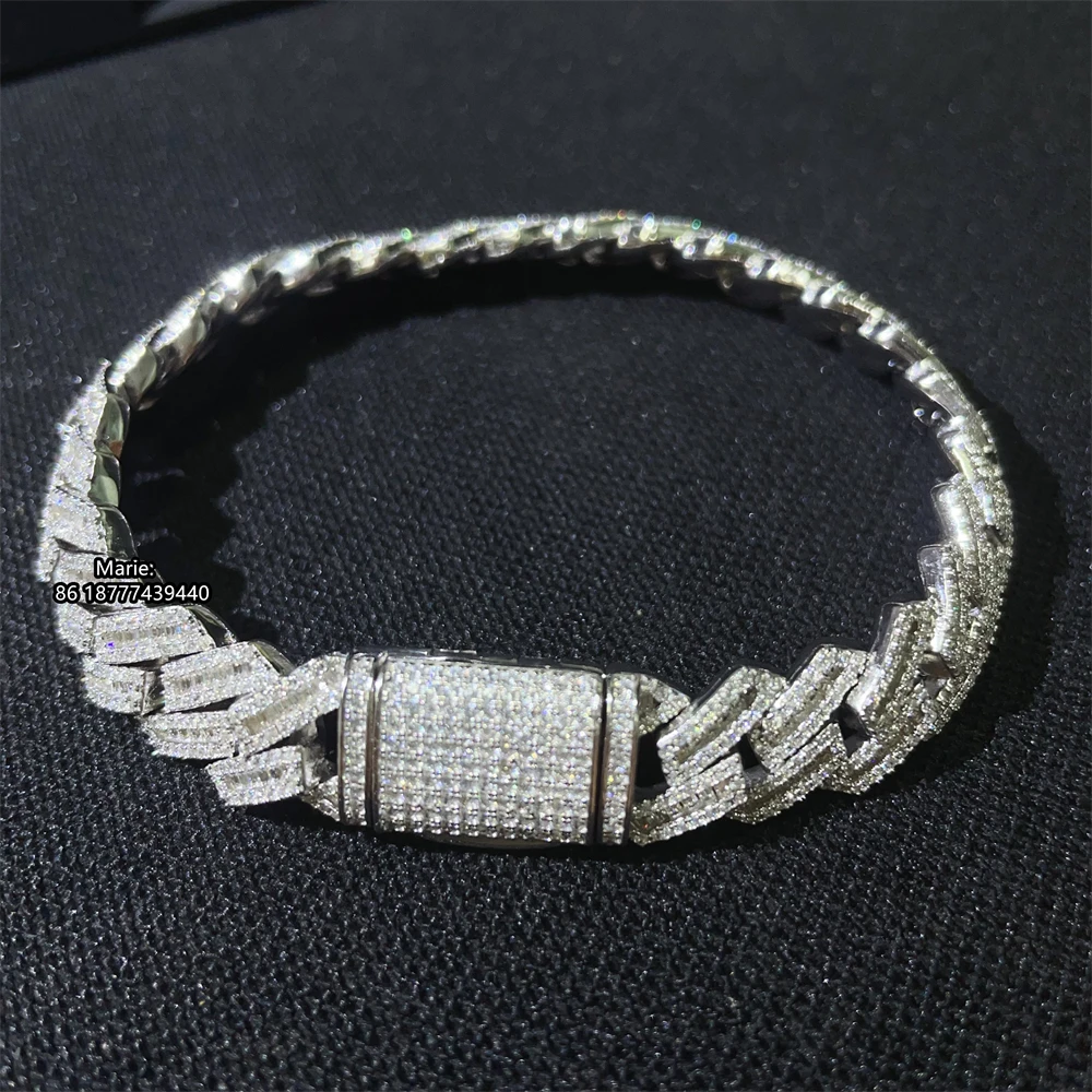 Luxury style fashion jewelry silver 12mm cuban link chain iced out diamond Cuban Bracelet Fine Jewelry Necklace