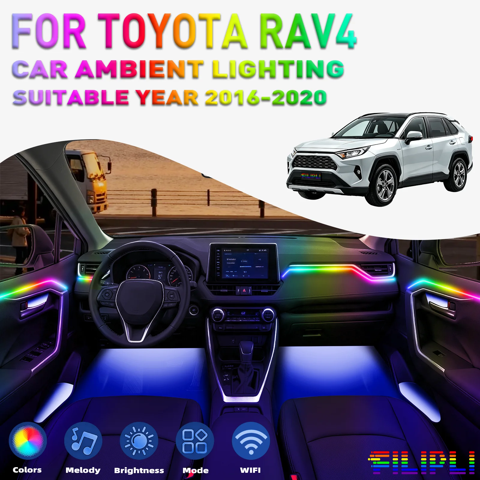 For TOYOTA RAV 4 2016-2020 Car Ambient Lighting colorful 6 Lights Kit 256 Colors Iridescent 6-in-1 LED Interior Hidden Acrylic Strip Symphony Atmosphere Lamp Neon Acrylic Light Strip Lighting and Decorative Lamps Long Standby Car Decorative Light