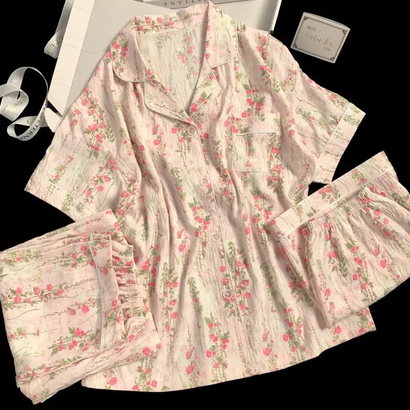 

Elegant Aesthetics Flower Print Women's Pajamas French Romantic Cloud Cotton Sleepwear 2025 Spring New Women's 3pc Home Clothing