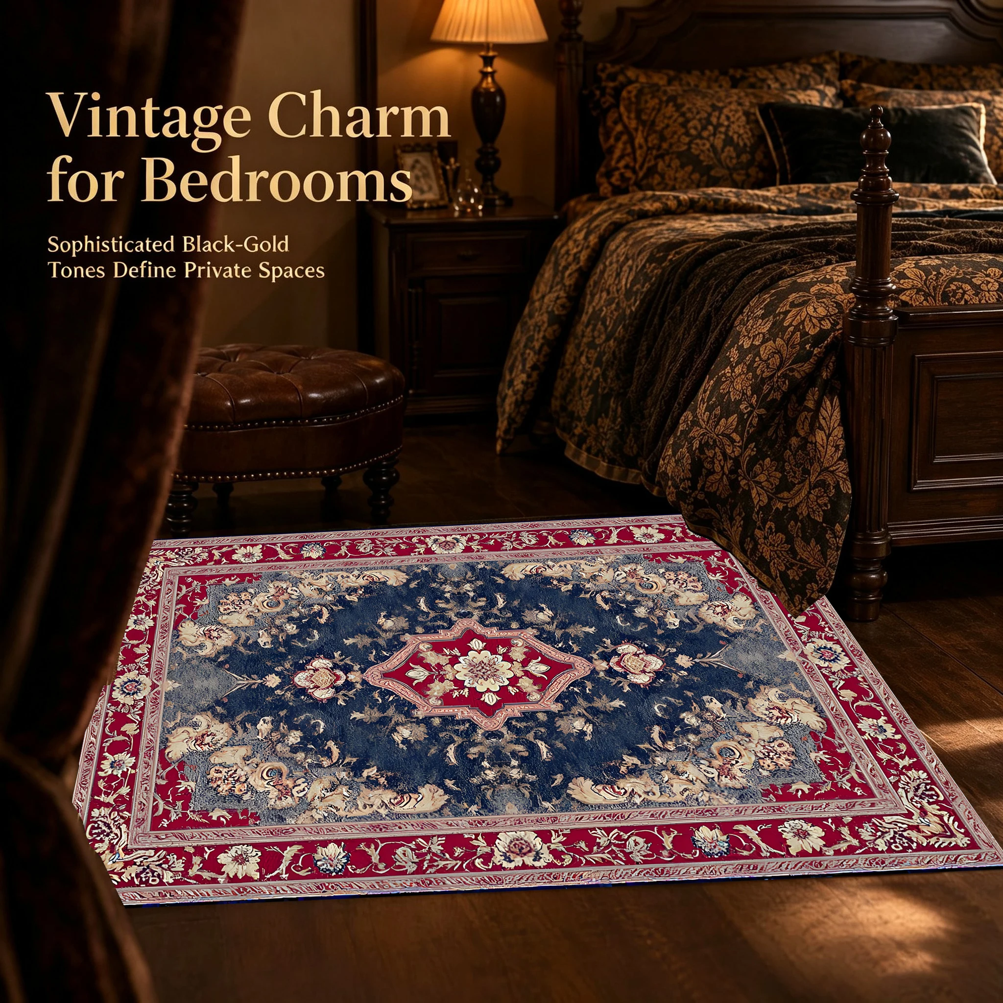 Retro-Chic Christmas Atmosphere with a Striking Red and Blue Persian Floral Pattern and a Velvet Rug, Perfect for the Living Room and Bedroom
