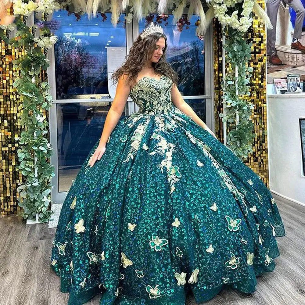 

Customized Emerald Green Ball Gown Quinceanera Dress Lace Applique Sequins Beading Sweet 16 Vestido De 15 16 Anos YQD330