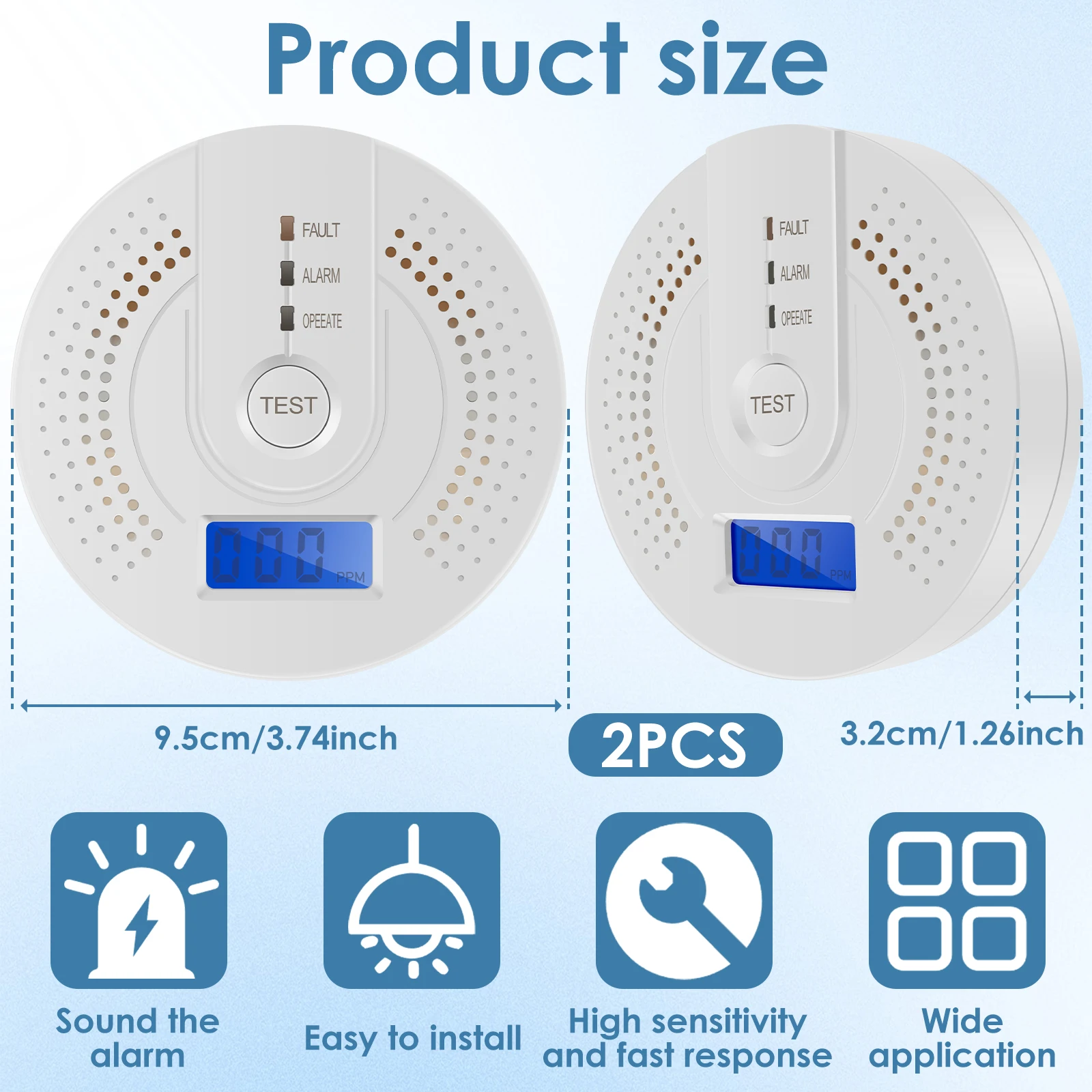 1/2Pcs Carbon Monoxide Detector LCD Display Digital CO Alarm Battery Operated 85dB Sound Siren Sensor for Home Bedroom Kitchen