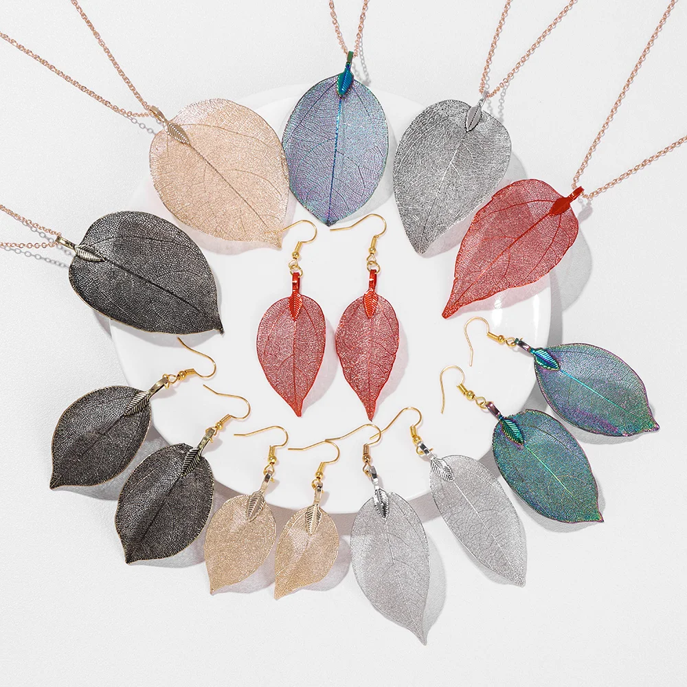 Fashion Real Leaf Pendant Necklace & Earrings Sets Natural Leaf Pendant Jewelry Set Women Choker Dangle Set Vintage Boho Gift