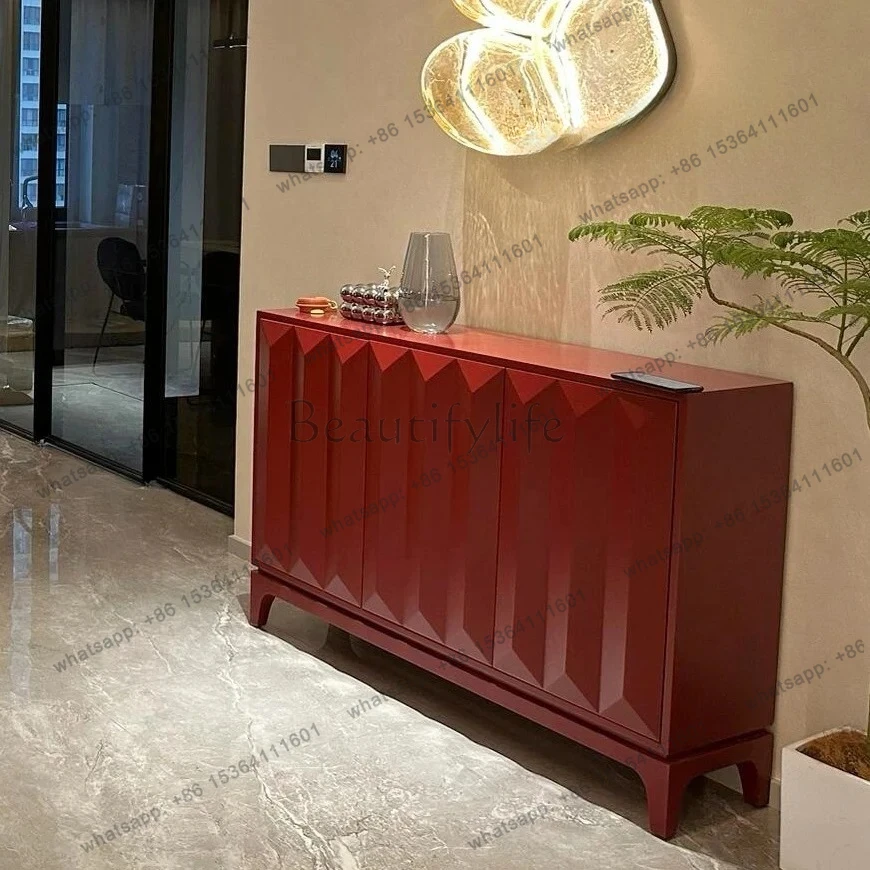 

Medieval retro solid wood red dining side cabinet, living room wall locker, designer villa room entrance cabinet
