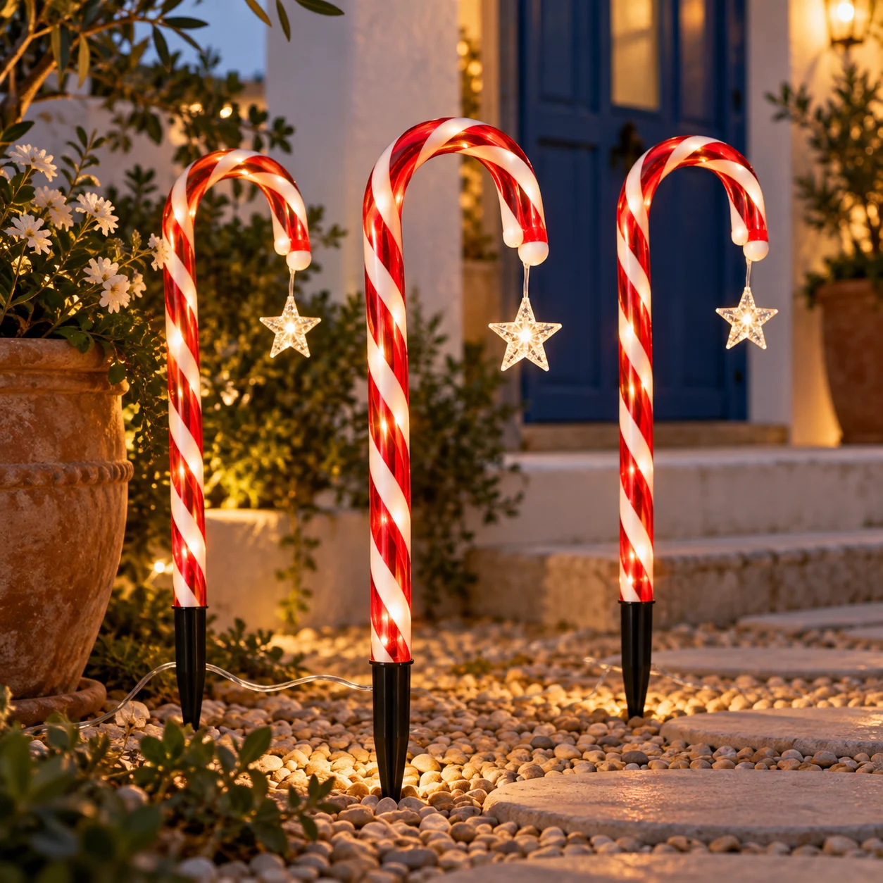 Festive Solar Candy Cane Path Lights, LED Stake Lamp with Star Charm, Red White Striped Design, Driveway Christmas Decoration