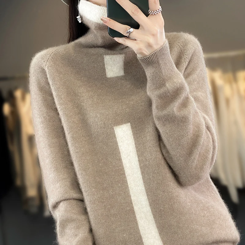 RONGYI 100% Mink Cashmere Women\'s Turtleneck Pullover Knitted Color Matching Fashion Casual Coat Autumn And Winter Hot Top