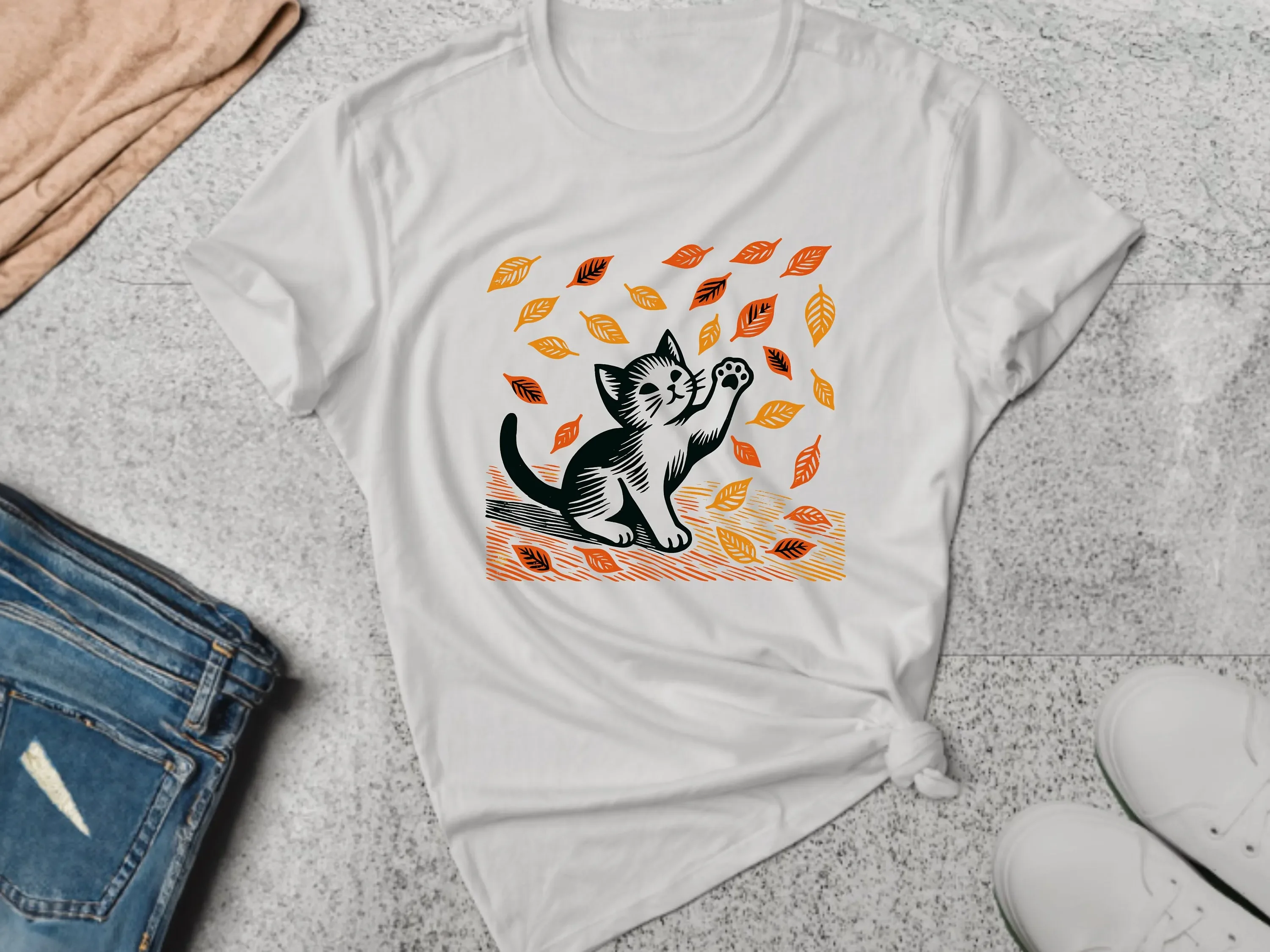 

Футболка с изображением кота, осенняя игривая котенок, осенние листья, кошачья домашняя одежда