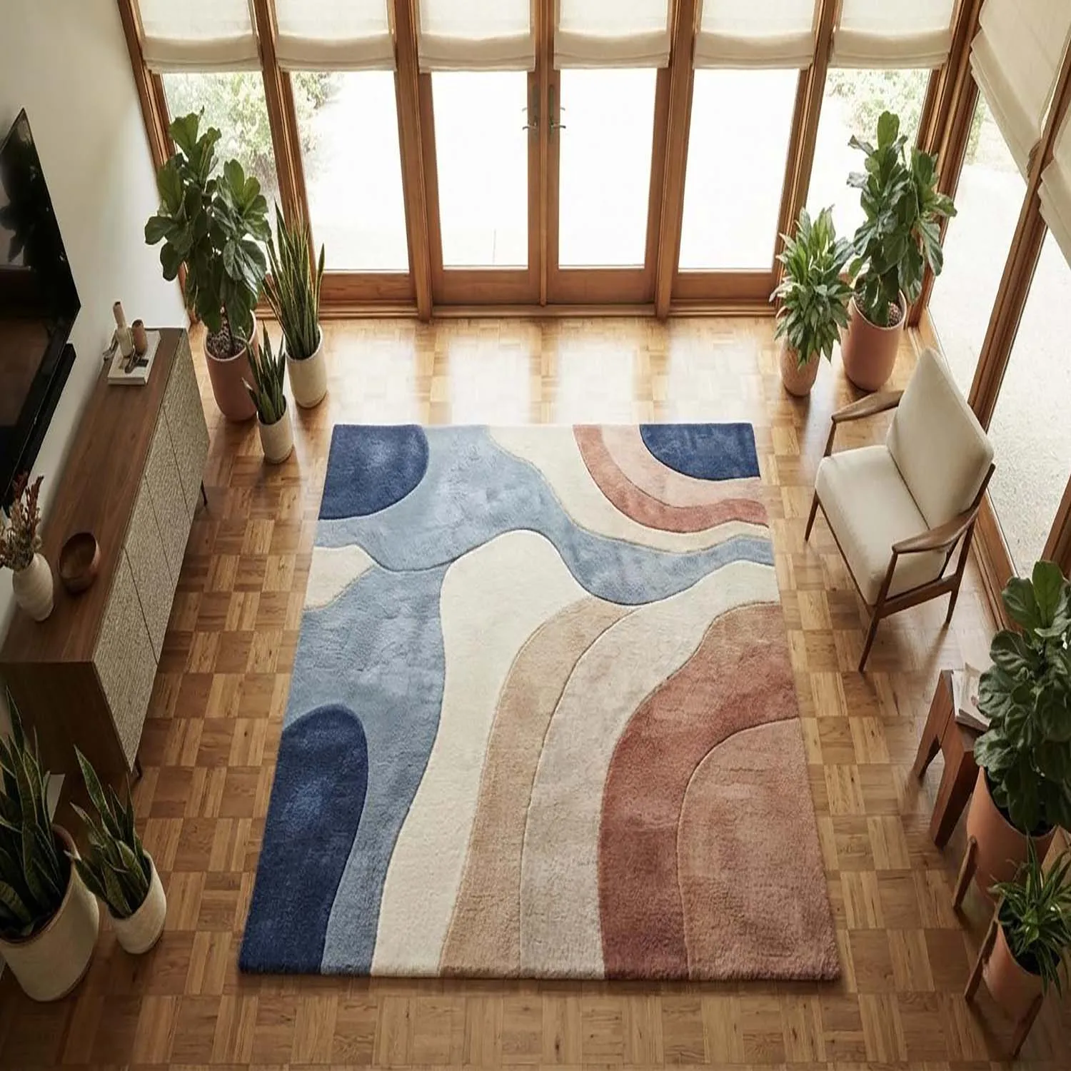 Room Decor Rug Blue Beige Terracotta Abstract Curved Shape Boho Area Rug, Soft Floor carpet, rugs for livingroom, rug for bedroom, Rectangle Floor Mat, Great for Apartment Lounge, Neutral Warm Tone Ho