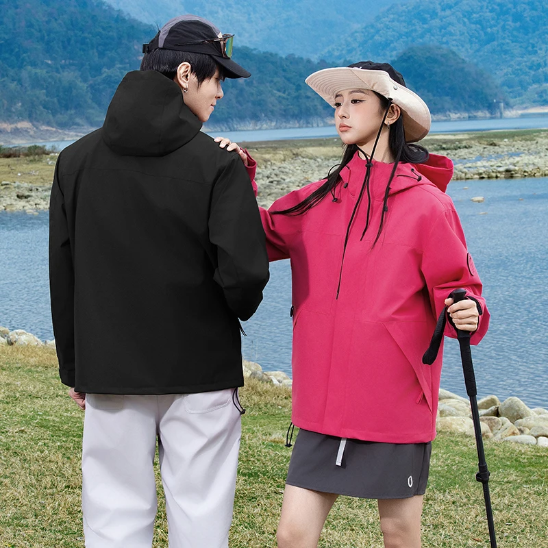 Unisex Couple Outdoor Jacket Waterproof Wind‑Resistant Drawstring Hood Multi Pockets Loose Casual Hiking Camping Travel Hooded O