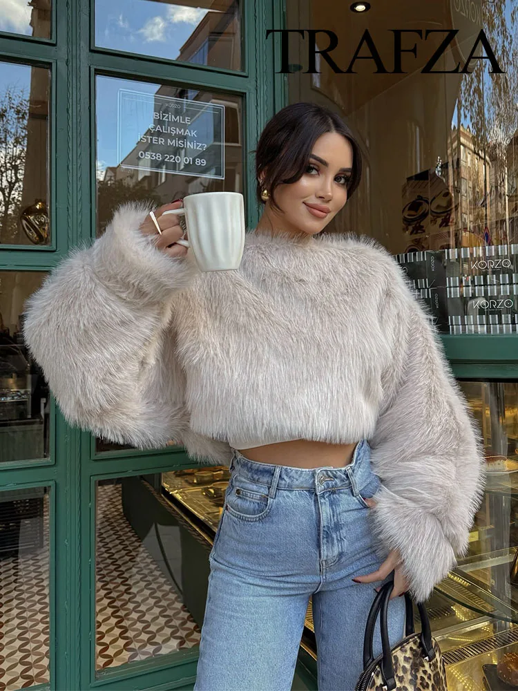 TRAFZA Moda damska O-Neck Długi rękaw Casual Loose Top Woman Winter Warm Faux Fur Pullover Sweatshirts Streetwear 2-kolorowe