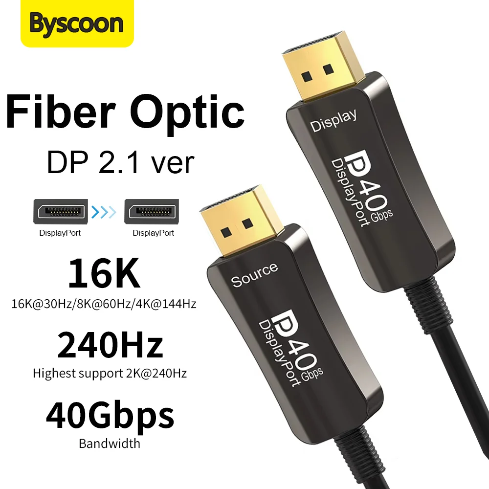 Cable DisplayPort de Fibra Óptica Activa AOC de 16K, DP 2.1, 40 Gbps, 8K a 60 Hz, 4K a 144 Hz, 2K a 240 Hz, para Monitor de Juegos, Tarjeta Gráfica