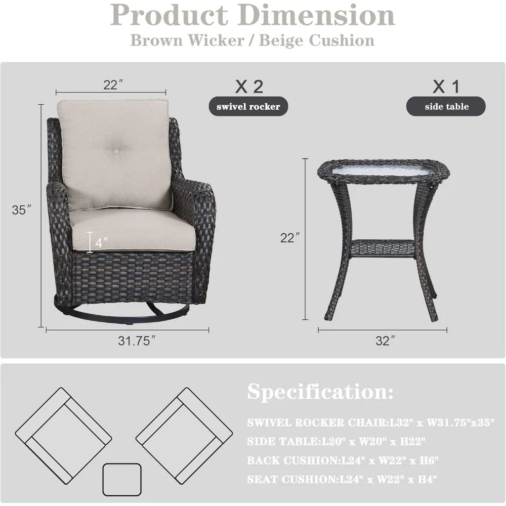 Outdoor Furniture Set, Swivel Rocking Chair, 3-piece Outdoor Gliding Rocking Chair Set with Small Side Table, Rattan Chair Set