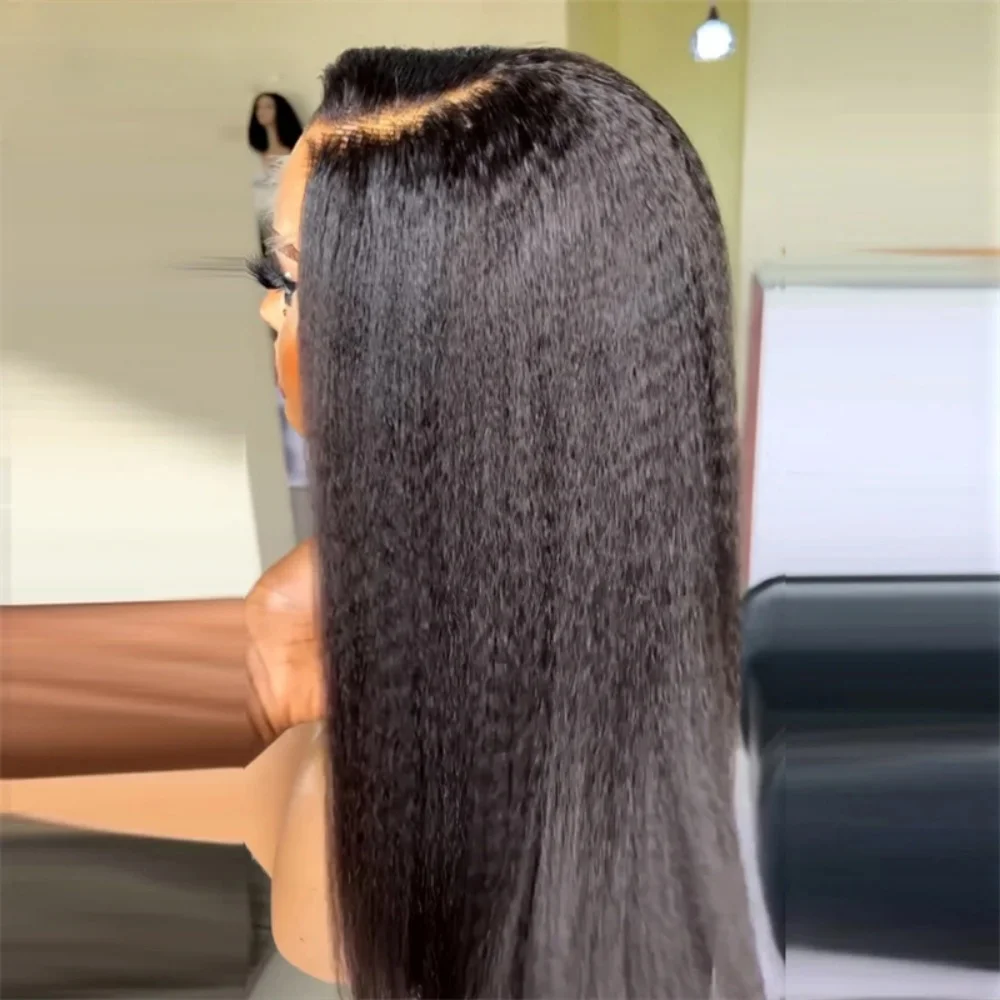 Soft 24inch Kinky Straight Lace Front Wigs 180 Density Black Yaki Wig With Baby Hair Synthetic Wig Heat Temperature Glueless