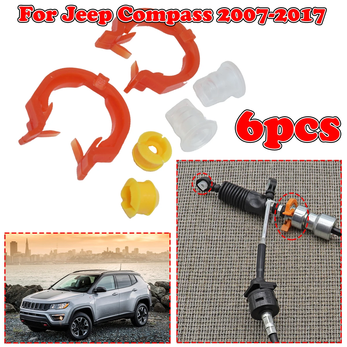 

6PC Gear Shift Cable Bushing For Jeep Compass 2007-2017 Gearbox Pull Head Lever Line Rubber Sleeve Transfer Case Retainer Clip