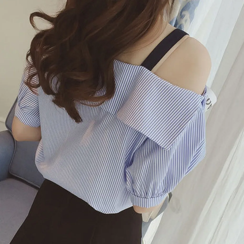 Women Top Fashion Stripe Cold Shoulder Tops Shirt Single Shoulder Short Sleeve Loose Blouse