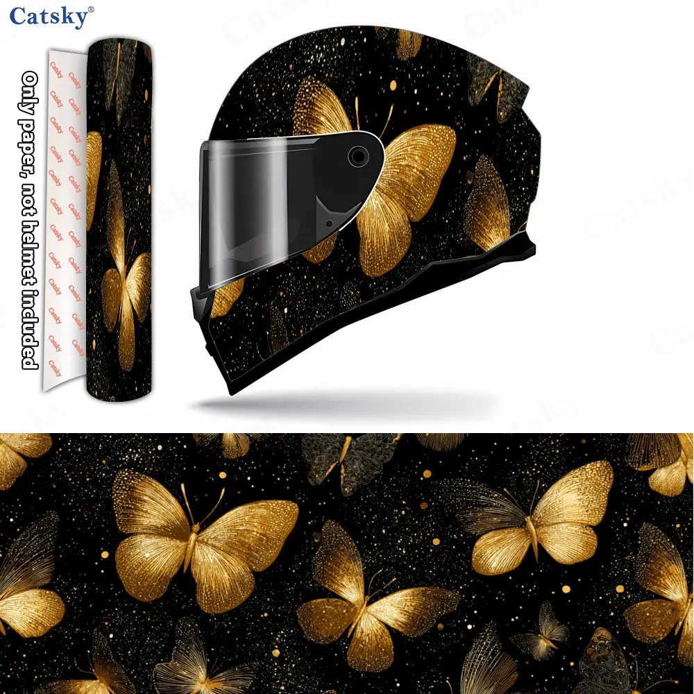 Golden Butterfly Black Background Fashion Helmet Vinyl Wraps, Waterproof Scratch-Resistant Full Face Helmet Decals, Durable PVC
