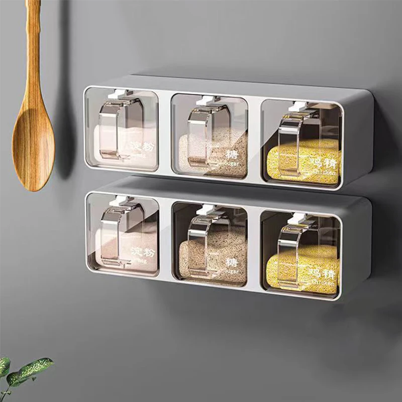 Wall Mount Seasoning Organizer Box Set Salt Shaker Spice Rack Compartment Storage Box Sugar Container Jar With Spoon for Kitchen