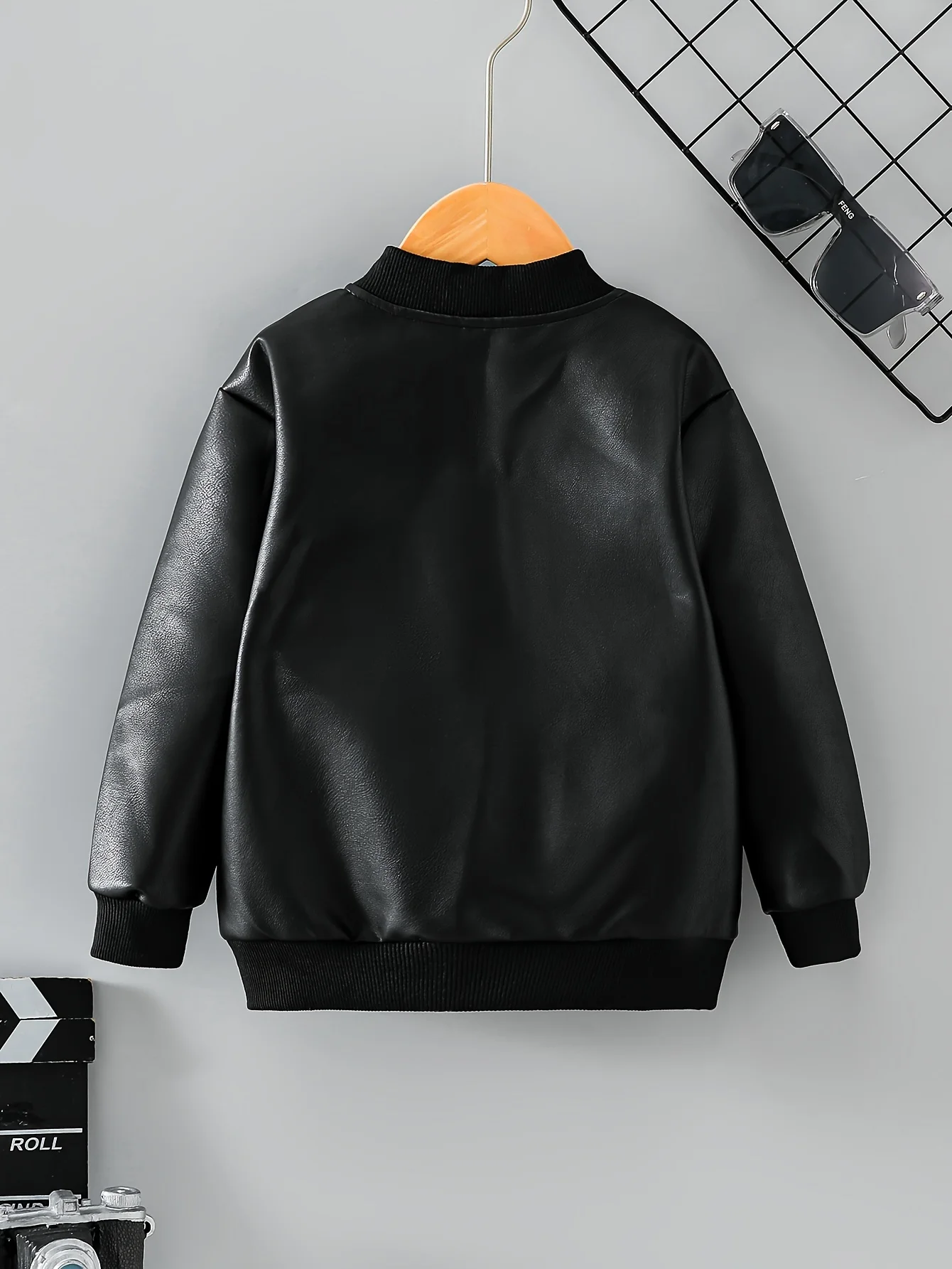 Boys' Black Zipper PU Leather Jacket Casual Everyday Versatile Simple Style Car Coat for Kids