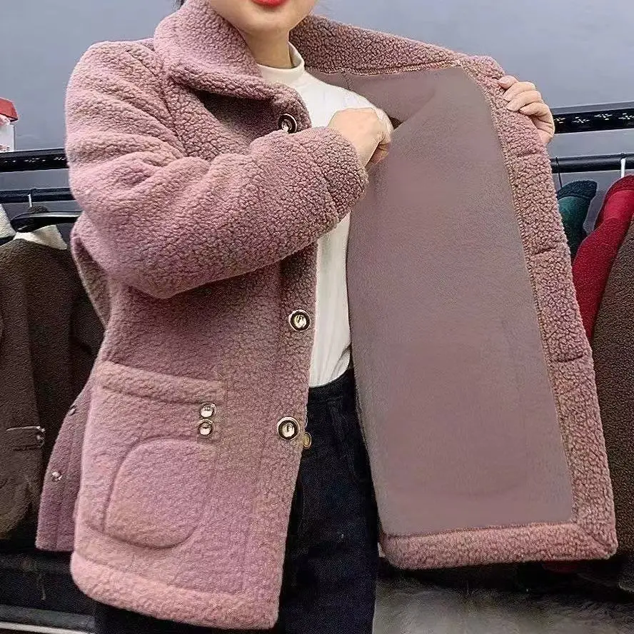Thickened Faux Lamb Fur Jacket Women's Coat Warm Outerwear Mid-Length Female Fashion Winter Season Button Closure Long Sleeve
