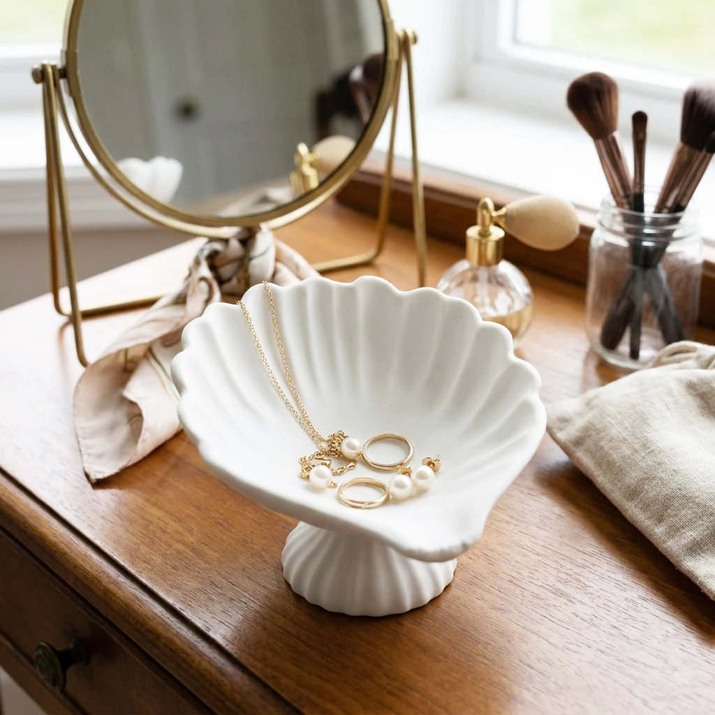 Ring Dish Shell-Shaped Ceramic Jewelry Dish Tray Decorative Trinket Dish for Organizing Rings, Earrings, Necklaces Keys Gift
