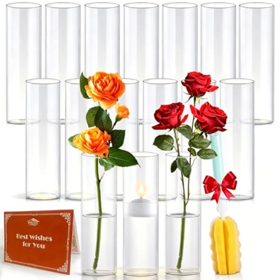 

16Pcs Glass Cylinder Bud Vases for Centerpieces, 7.7 In Tall Clear Flower Vases in Bulk, Glass Small Vases Floating Candle Hold