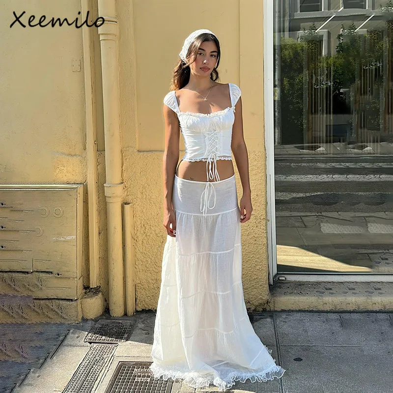 Xeemilo Elegant Lace Patchwork Bandage Tank Top With Low-waist Draw-string Long Skirts Summer French Gentle Women 2 Piece Sets