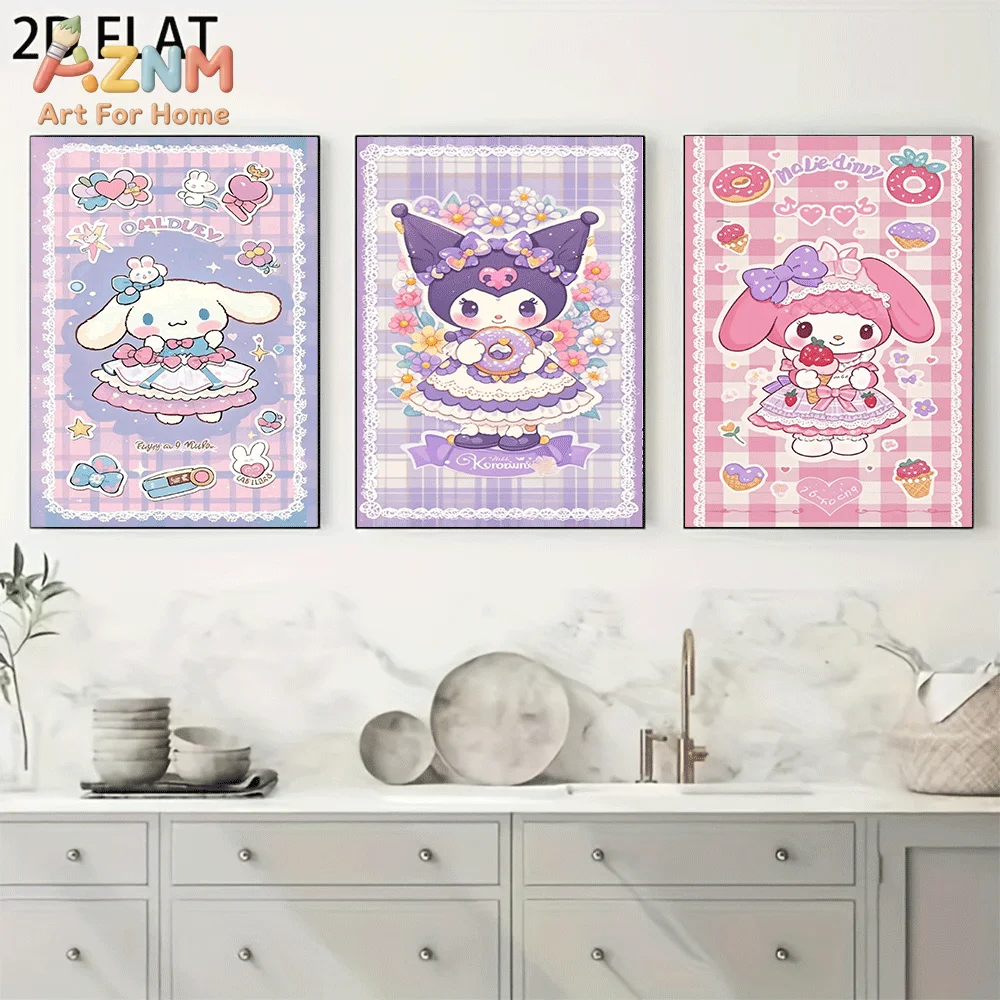 AZNM Sanrio Characters Canvas Wall Art Unframed Cute Print Poster Kuromi Cinnamoroll My Melody Donut Flower Grid Kawaii Design f