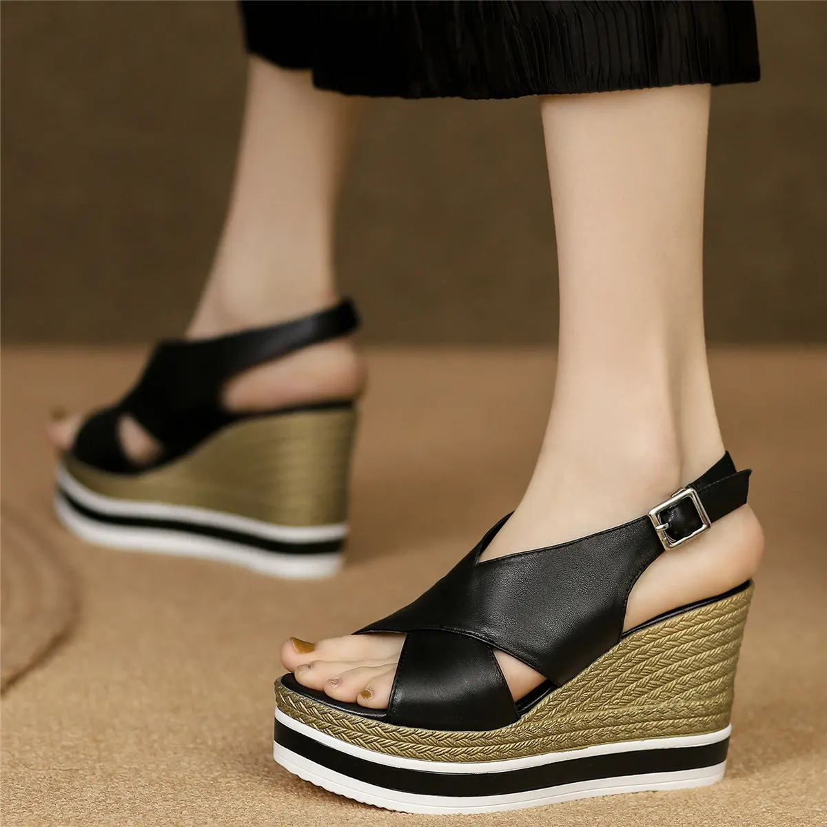 

Summer Casual Shoes Women Back Strap Genuine Leather Wedges High Heel Roman Gladiator Sandals Female Open Toe Platform Pumps