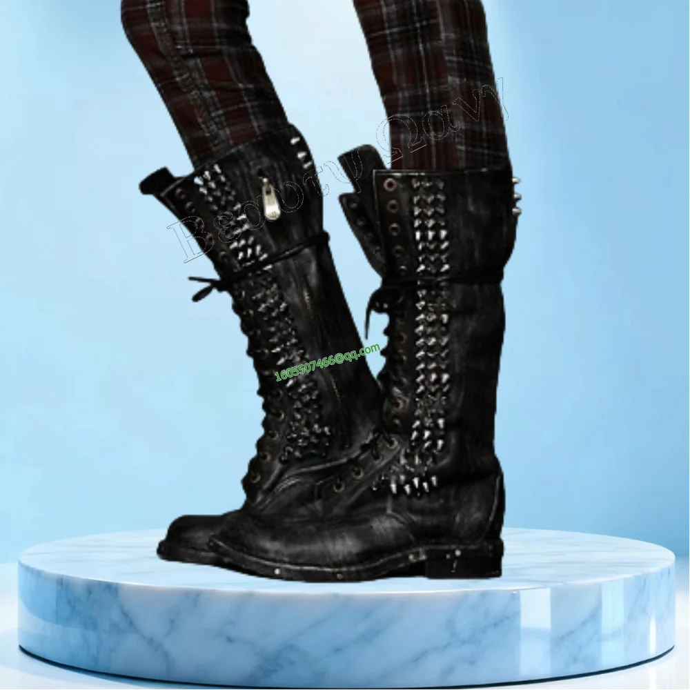 أسود الجانب برشام ديكور الرجال فارس الأحذية ماتي الجلود جولة تو أحذية للرجال الركبة عالية نمط جديد أحذية Zapatos Para Hombres