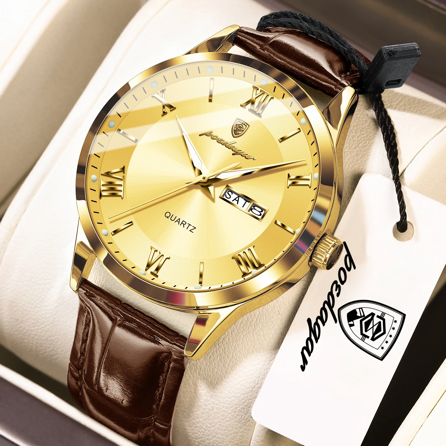 POEDAGAR Original Men Watch Waterproof Luminous Date Week Man Wristwatch Leather Quartz Business Men's Watches Male Reloj Hombre