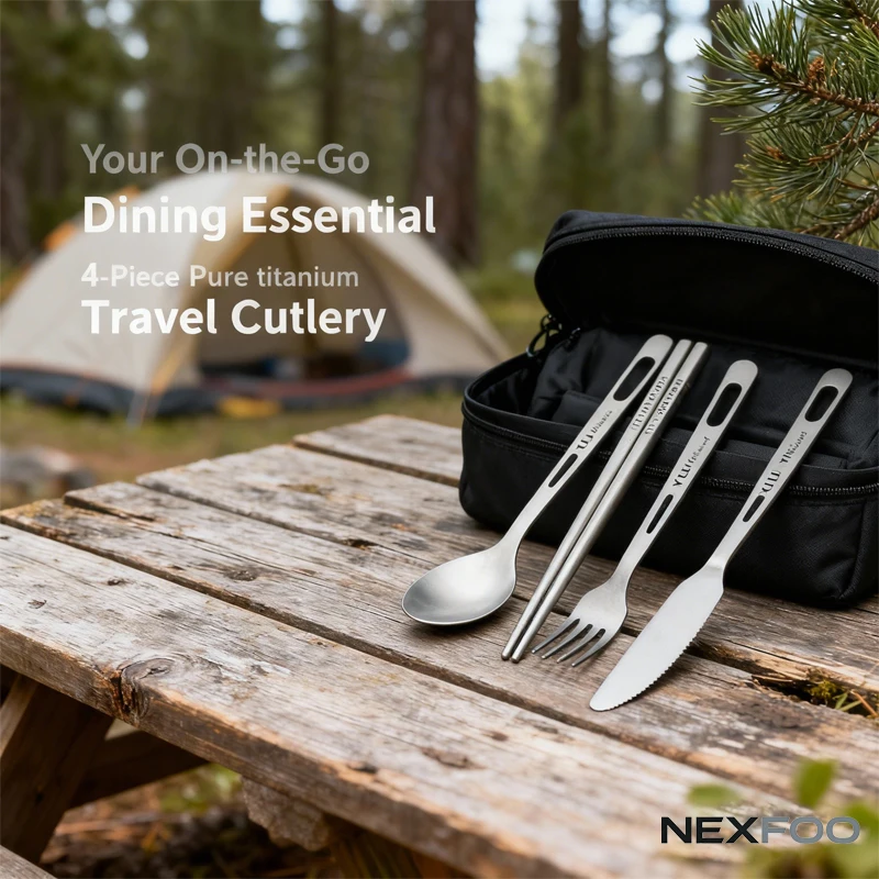 סט כלי אוכל ניידים מטיטניום טהור בן 4 חלקים - כלי אוכל מערביים עם מקלות אכילה לקמפינג בחוץ, לנסיעות ולשימוש ביתי יומיומי
