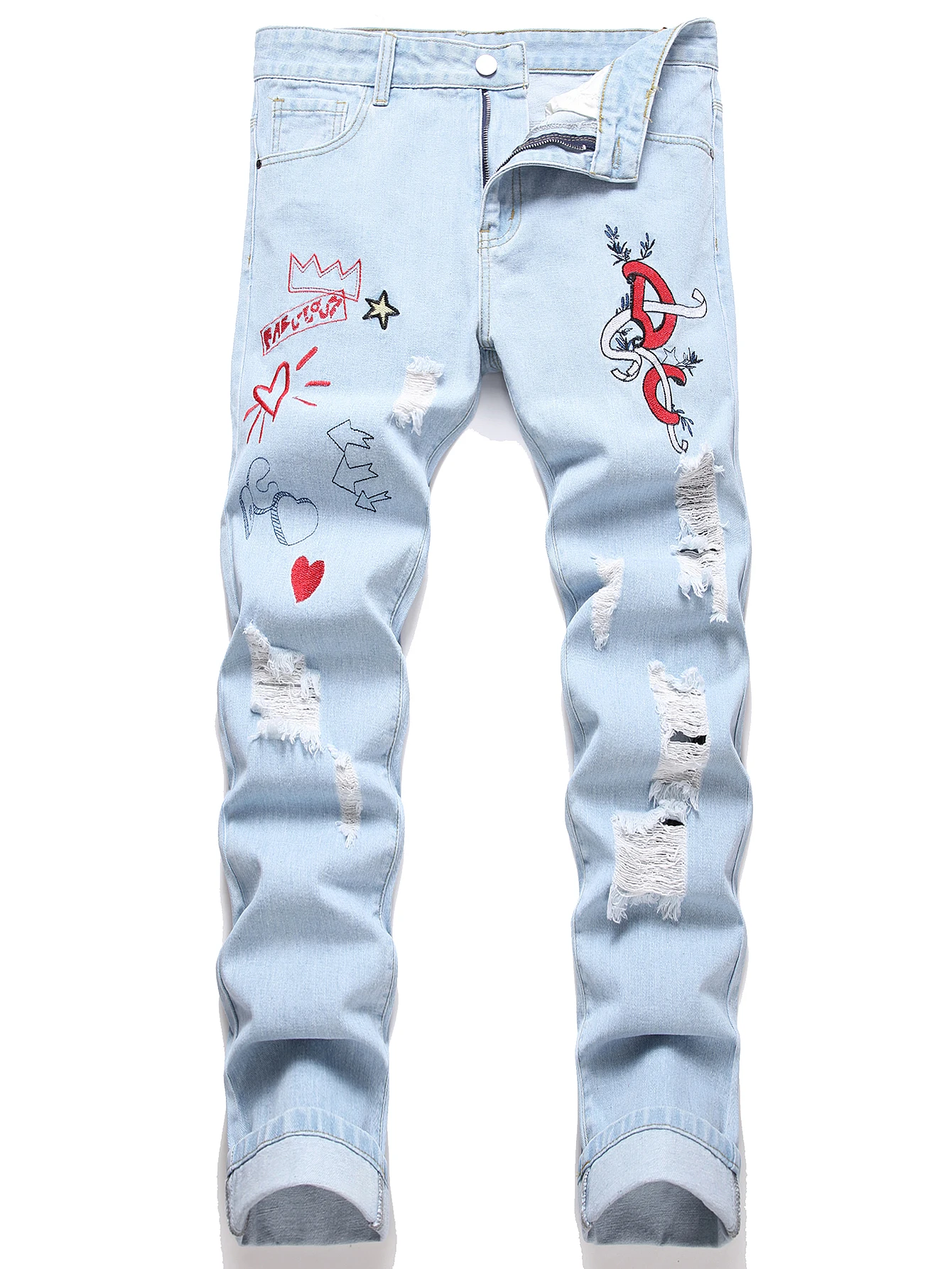 Men's Light Blue Distressed Jeans with Playful Color Embroidery, American Streetwear Loose Fit Casual Denim Pants for Men
