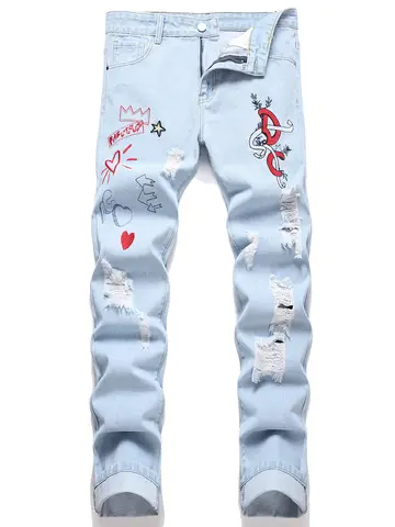 Men's Light Blue Distressed Jeans with Playful Color Embroidery, American Streetwear Loose Fit Casual Denim Pants for Men