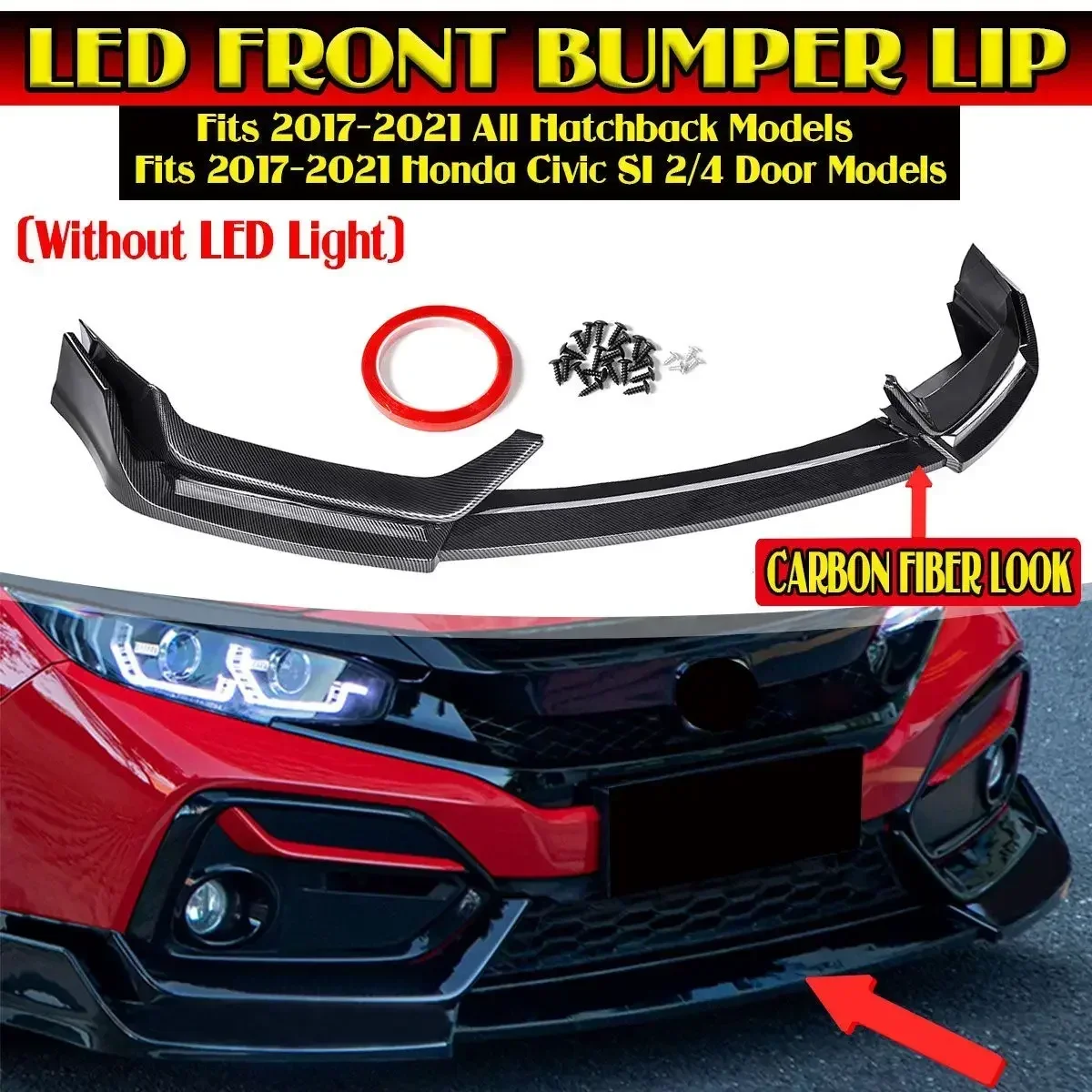 3PCS Car Front Bumper Splitter Lip Spoiler Diffuser Guard Cover Trim For Honda Civic SI 2/4 Door Hatchback 2017-2021