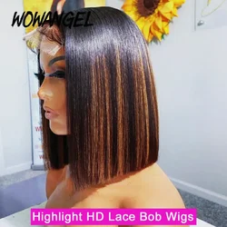 Wow Angel krótkie proste peruki Bob 13x4 koronkowe peruki z ludzkich włosów 1B30 # Wyróżnij wstępnie oskubane peruki z koronką 5x5 HD dla kobiet