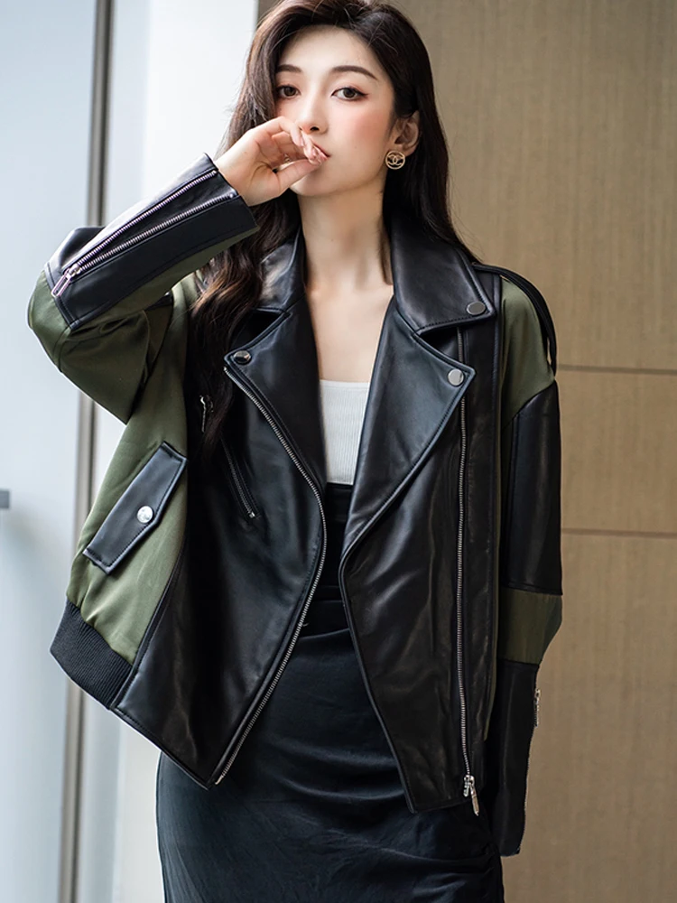 ผู้หญิงฤดูหนาว Sheepskin Coat สีเขียวสีดําสีขาว Splicing เสื้อแจ็คเก็ตหนังฤดูใบไม้ร่วงหลวมหัวรถจักรผู้หญิงเสื้อแจ็คเก็ต