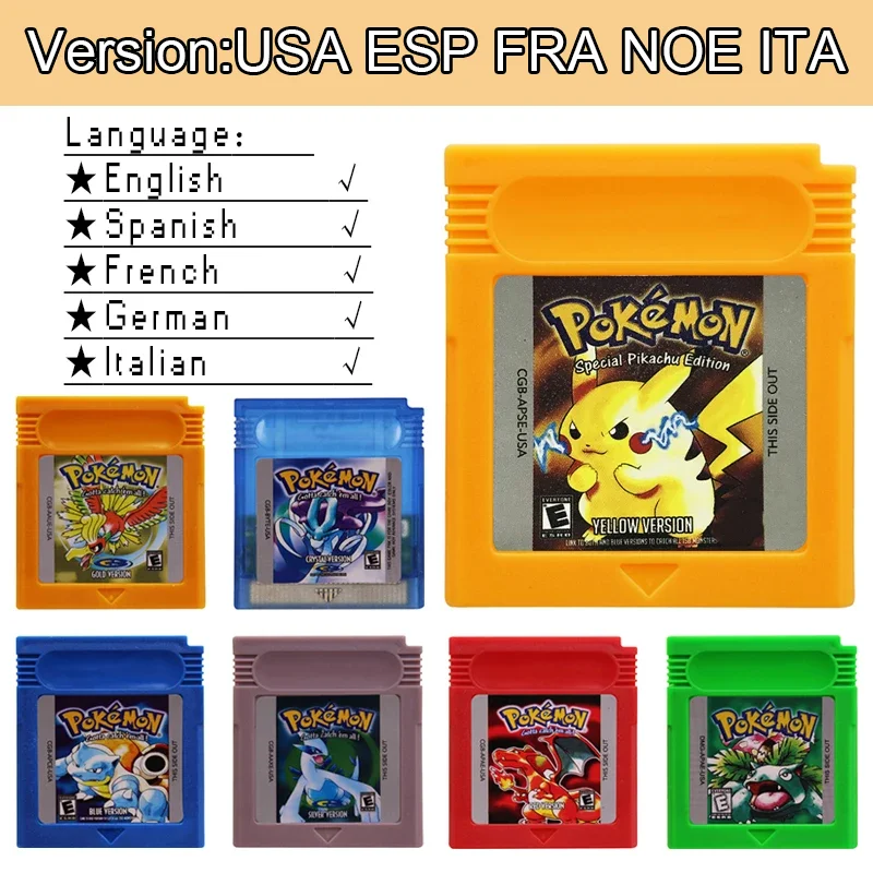 GBC Game Cartridge Pokemon Blue Crystal Gold Green Red Silver Yellow with Multi-language 16 Bit Video Game Console Card