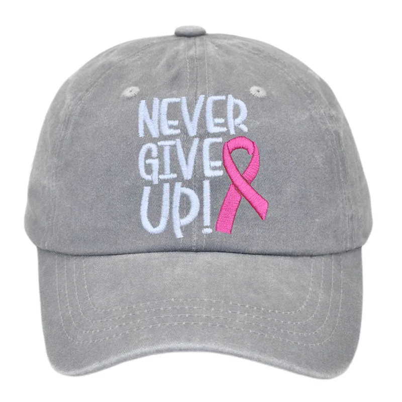 NEVER GIVE UP Gorra de béisbol de algodón lavada vintage ajustable Never Give Up Sombrero de cinta rosa para la concientización sobre el cáncer de mama Sombrero de papá unisex